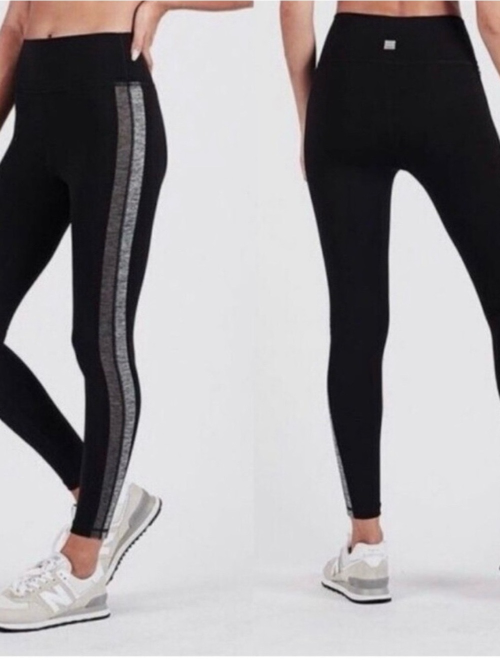 Vuori Racer High RiseSide Stripe Leggings in black and charcoal grey